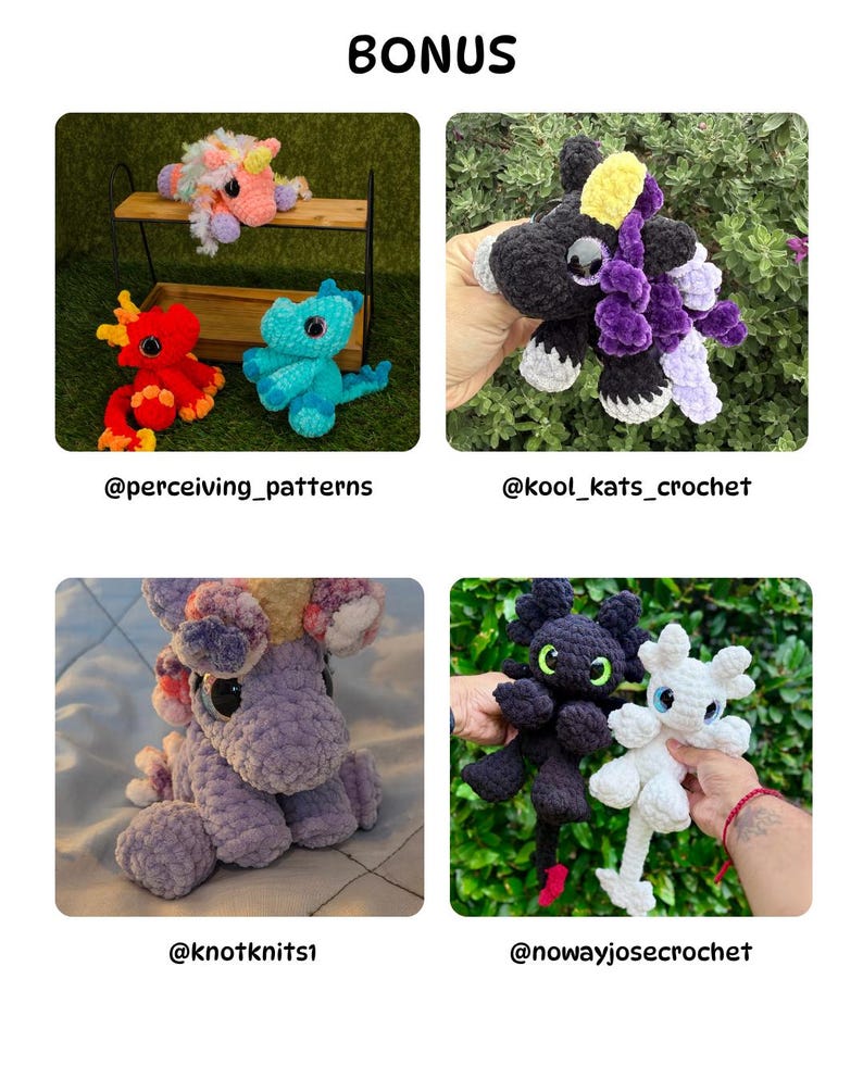 May include: A selection of handmade crochet plush toys, including dragons and a unicorn. The toys are in various colours, such as red, blue, purple, and black. The word "BONUS" is at the top of the image. The toys are displayed on a green background.