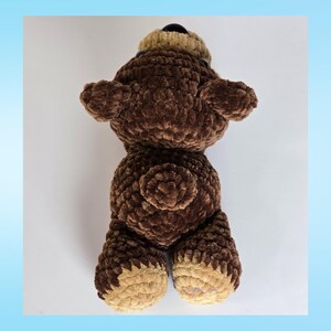 May include: A handmade brown crochet bear with a light brown snout, paws, and hat. The bear has a round body, small ears, and a black nose. The bear is approximately 10 inches tall.
