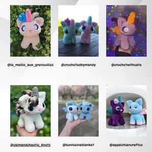 May include: A collection of crocheted unicorn plushies in various colors, including pink, blue, purple, and white. Each plush has a horn, ears, and a tail. The plushies are displayed on a variety of backgrounds, including a green lawn, a wooden table, and a hand.