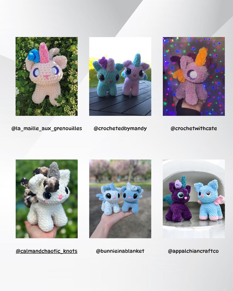 May include: A collection of crocheted unicorn plushies in various colors, including pink, blue, purple, and white. Each plush has a horn, ears, and a tail. The plushies are displayed on a variety of backgrounds, including a green lawn, a wooden table, and a hand.