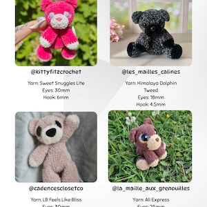 May include: A collage of four handmade crochet teddy bears in various colors. The bears have different yarn textures and eye sizes, ranging from 18mm to 30mm. Each bear has a unique design and is displayed against different backgrounds.