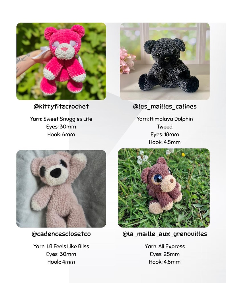 May include: A collage of four handmade crochet teddy bears in various colors. The bears have different yarn textures and eye sizes, ranging from 18mm to 30mm. Each bear has a unique design and is displayed against different backgrounds.