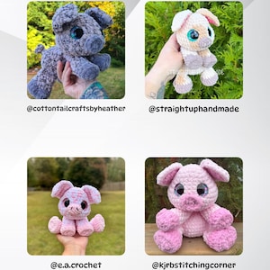 Puede incluir: Cuatro cerdos de peluche de ganchillo en varios tonos de gris y rosa. Cada cerdo tiene ojos grandes y brillantes y se muestra sobre un fondo verde. Los cerdos est&aacute;n hechos a mano y tienen una textura suave y afelpada.