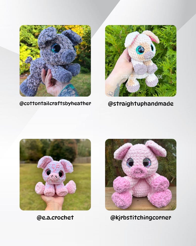 Puede incluir: Cuatro cerdos de peluche de ganchillo en varios tonos de gris y rosa. Cada cerdo tiene ojos grandes y brillantes y se muestra sobre un fondo verde. Los cerdos est&aacute;n hechos a mano y tienen una textura suave y afelpada.