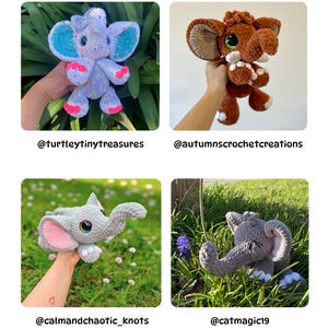 K&ouml;nnte beinhalten: Vier geh&auml;kelte Elefanten-Spielzeuge in verschiedenen Farben. Einer ist helllila mit blauen und rosa Akzenten, ein anderer ist braun mit wei&szlig;en Details, ein dritter ist grau mit rosa Ohren und der letzte ist grau. Jedes Spielzeug hat gro&szlig;e Ohren und einen R&uuml;ssel.
