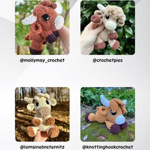 May include: Four crocheted cow plushies in shades of brown, beige, and cream. Each soft toy features large eyes and small horns. The plushies are shown against a backdrop of foliage and trees. The creators' usernames are displayed below each plushie.