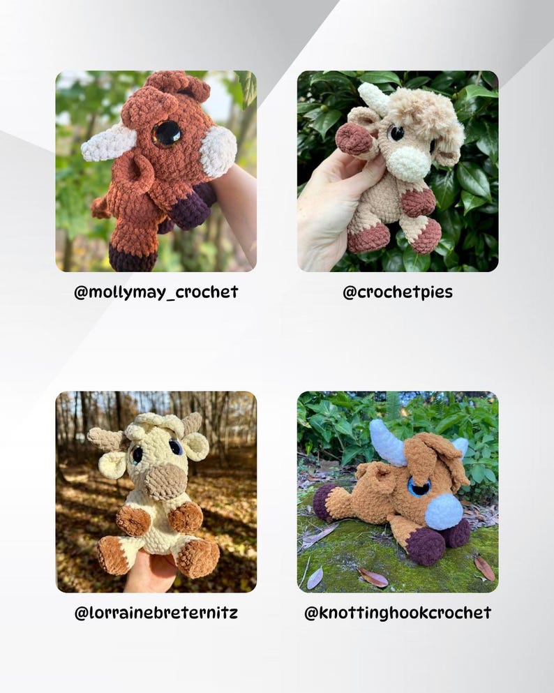 May include: Four crocheted cow plushies in shades of brown, beige, and cream. Each soft toy features large eyes and small horns. The plushies are shown against a backdrop of foliage and trees. The creators' usernames are displayed below each plushie.
