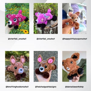 May include: A selection of handmade crochet deer toys in various colours and styles. The deer feature detailed eyes, ears, and hooves. Some are pink, others brown, and one is tan with white spots. Each toy is unique and crafted with care.