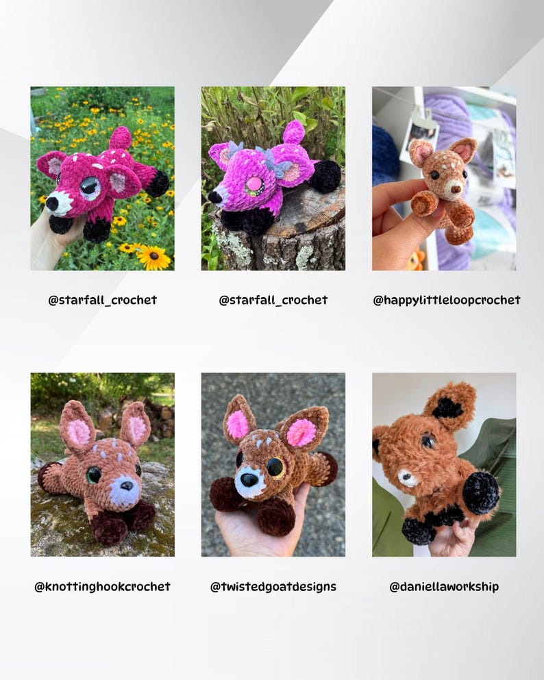 May include: A selection of handmade crochet deer toys in various colours and styles. The deer feature detailed eyes, ears, and hooves. Some are pink, others brown, and one is tan with white spots. Each toy is unique and crafted with care.
