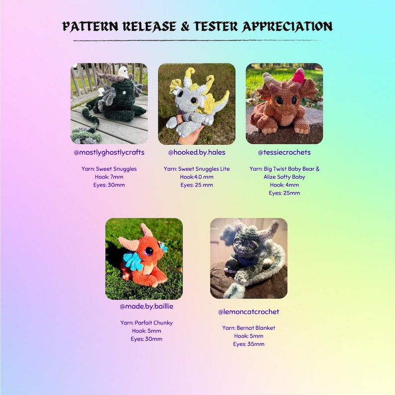 May include: A collage of six crocheted amigurumi toys, each with a different design and color. The toys are made with different yarns and hooks, and the sizes of the eyes vary. The toys are labeled with the Instagram handles of the creators and the yarn and hook sizes used.