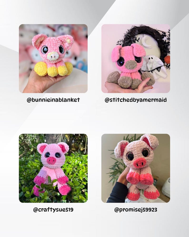 Puede incluir: Cuatro im&aacute;genes de cerdos de ganchillo hechos a mano. Los cerdos son principalmente rosas, con colores contrastantes en las patas y orejas. Cada cerdo tiene ojos grandes y expresivos. Las im&aacute;genes incluyen los identificadores de Instagram @bunnieinablanket, @stitchedbyamermaid, @craftysue519 y @promisej59923.
