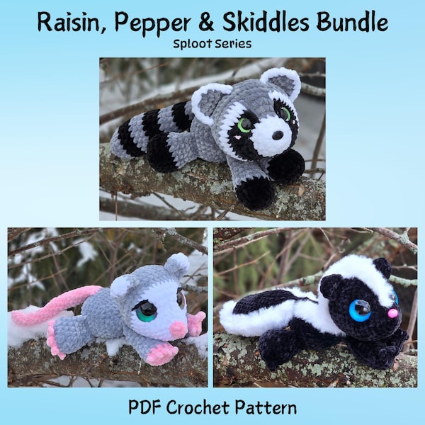 Lot Raisin the Raccoon, Pepper the Possum, Skiddles the Skunk, motif au crochet, série Splot