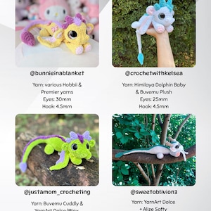 May include: Four crocheted plush toys are displayed, each in a different color scheme. One is yellow with purple accents, another is white and blue, a third is green and purple, and the last is blue and white. Each has large, round eyes.