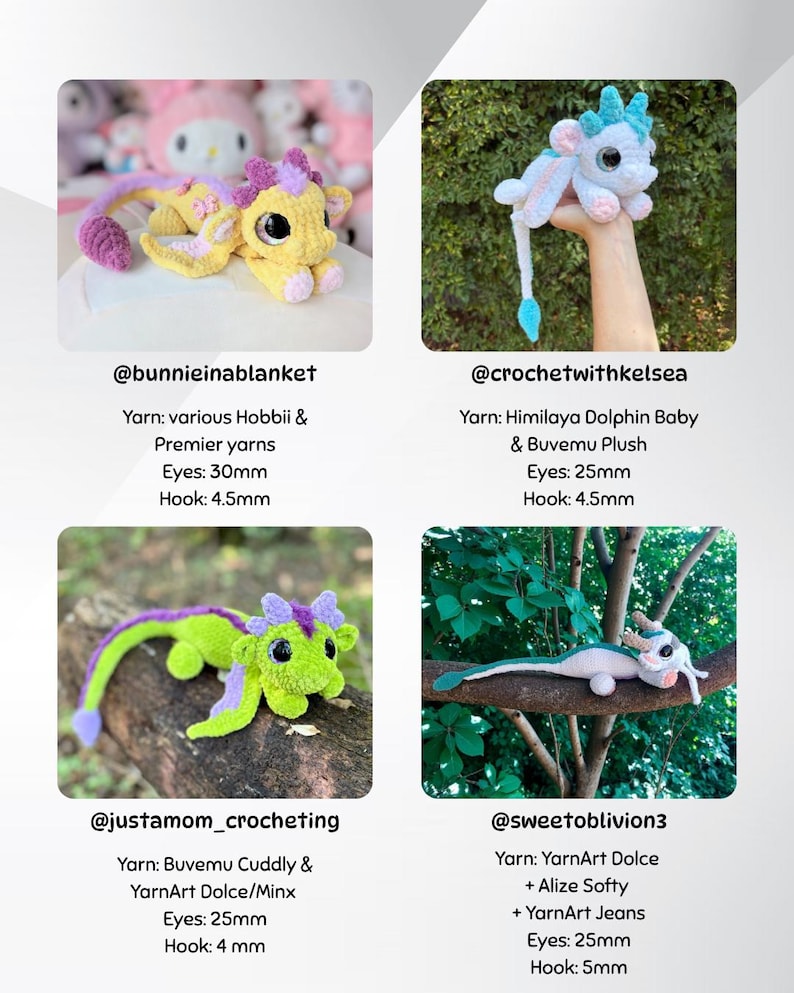 May include: Four crocheted plush toys are displayed, each in a different color scheme. One is yellow with purple accents, another is white and blue, a third is green and purple, and the last is blue and white. Each has large, round eyes.
