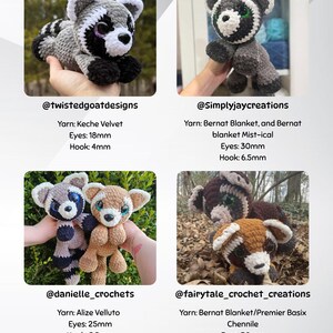 May include: A collection of handmade crochet raccoon plushies in various colors, including gray, brown, and tan. Each plushie has detailed features, such as eyes and a striped tail. The image includes text with the maker's usernames and yarn details.