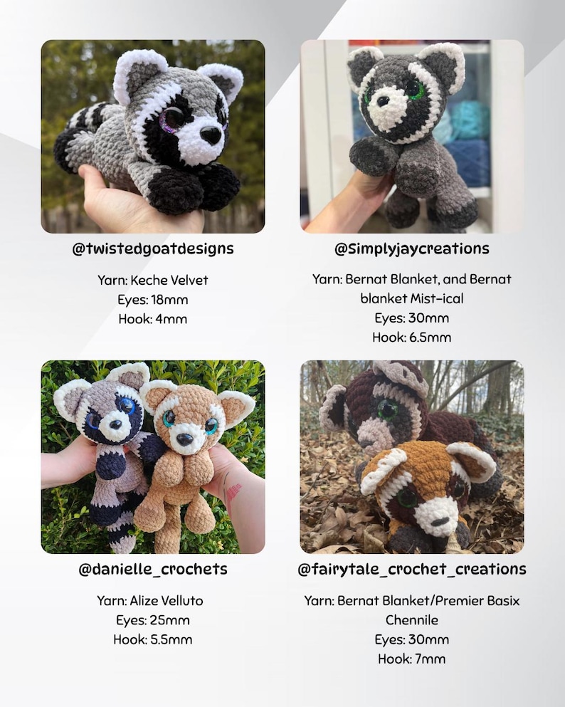 May include: A collection of handmade crochet raccoon plushies in various colors, including gray, brown, and tan. Each plushie has detailed features, such as eyes and a striped tail. The image includes text with the maker's usernames and yarn details.