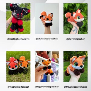 Puede incluir: Colecci&oacute;n de peluches de zorro hechos a mano con ganchillo en varias poses y colores. Los zorros presentan detalles en naranja, blanco, negro y rojo. Algunos peluches est&aacute;n de pie, mientras que otros est&aacute;n tumbados. La imagen incluye los identificadores de Instagram de los creadores.