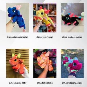 May include: A collection of six handmade crochet dragon plushies in various colors. The dragons feature details like horns, wings, and large eyes. Each dragon is a unique creation, showcasing different color combinations and designs. The image includes social media handles.