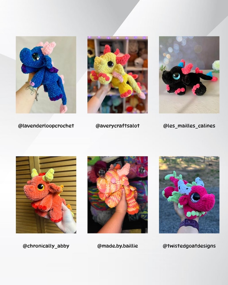 May include: A collection of six handmade crochet dragon plushies in various colors. The dragons feature details like horns, wings, and large eyes. Each dragon is a unique creation, showcasing different color combinations and designs. The image includes social media handles.