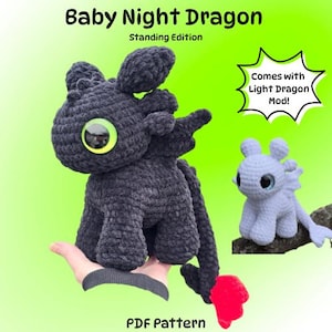 Baby Night Dragon & Light Dragon Crochet Pattern, Standing Night Dragon, PDF pattern, Low sew, Crochet Night Dragon