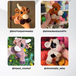 May include: Four crocheted cow plushies in shades of brown, tan, white, and black. Each has horns, a white face, and large eyes. The image includes the Etsy shop usernames: @knottedyarnmades, @alimackenziecrafts, @maier_crochet, and @chronically_abby.