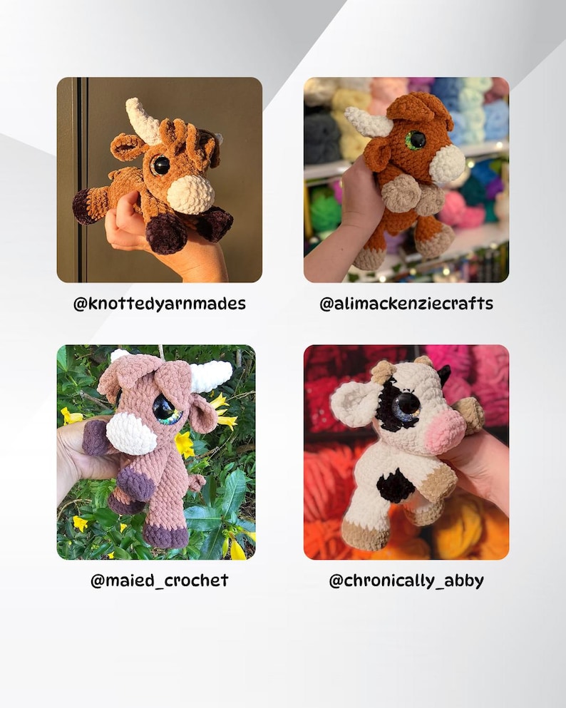 May include: Four crocheted cow plushies in shades of brown, tan, white, and black. Each has horns, a white face, and large eyes. The image includes the Etsy shop usernames: @knottedyarnmades, @alimackenziecrafts, @maier_crochet, and @chronically_abby.