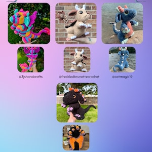 May include: A collection of crocheted dragon plushies in various colours, including pink, blue, black, and orange. The dragons are all different sizes and have unique features, such as wings, horns, and scales. The plushies are displayed on a variety of backgrounds, including brick walls, grass, and water. The image also includes the Instagram handles of the creators of the plushies.