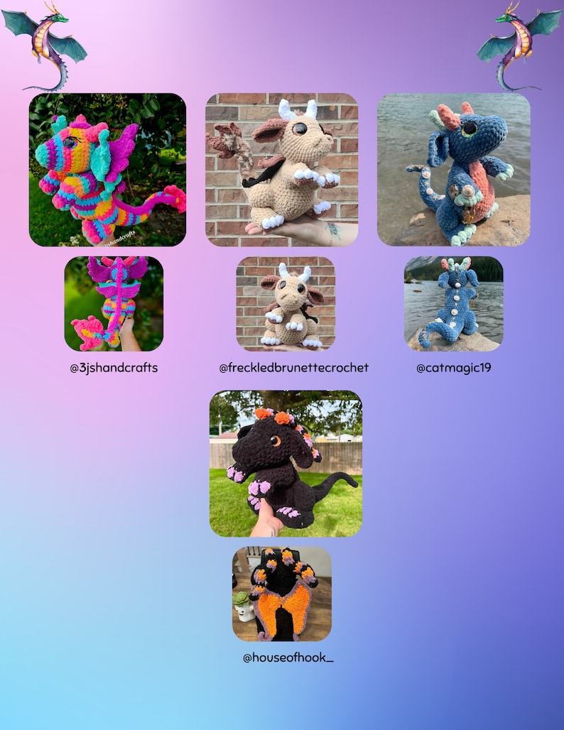 May include: A collection of crocheted dragon plushies in various colours, including pink, blue, black, and orange. The dragons are all different sizes and have unique features, such as wings, horns, and scales. The plushies are displayed on a variety of backgrounds, including brick walls, grass, and water. The image also includes the Instagram handles of the creators of the plushies.