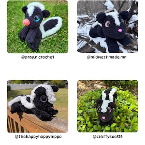 May include: A selection of handmade crochet skunk plush toys in different poses. Each skunk is black and white with a pink nose and large eyes. The toys are shown outdoors, with social media handles displayed.