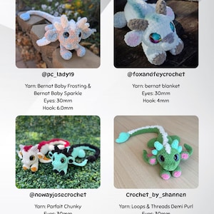 May include: A collection of four crocheted dragon toys in various colors. The dragons have large eyes and are made with different types of yarn. The image includes the maker's Instagram handle and yarn details.