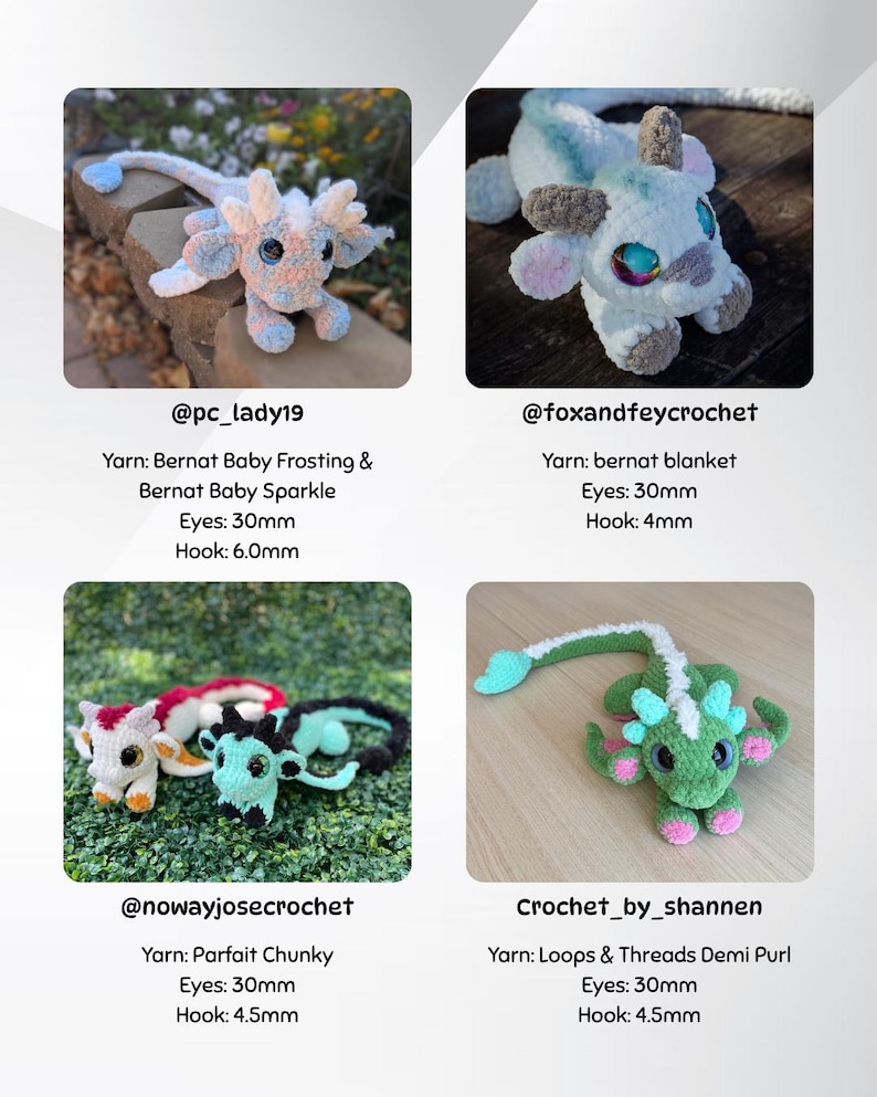 May include: A collection of four crocheted dragon toys in various colors. The dragons have large eyes and are made with different types of yarn. The image includes the maker's Instagram handle and yarn details.