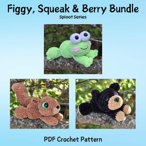 May include: A bundle of three crochet animal patterns: a green frog, a brown squirrel, and a black bear. The text "Figgy, Squeak & Berry Bundle" and "PDF Crochet Pattern" are displayed. The frog has purple eyes and pink cheeks.