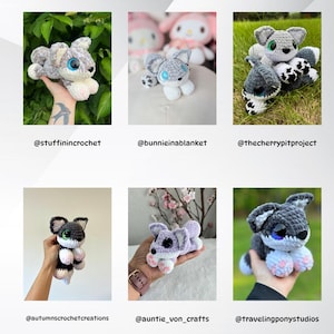 Puede incluir: Colecci&oacute;n de seis peluches de perro husky de ganchillo en varias poses. Cada peluche presenta una combinaci&oacute;n de colores gris y blanco con ojos azules o verdes y almohadillas rosas. Los peluches se muestran sobre diferentes fondos.