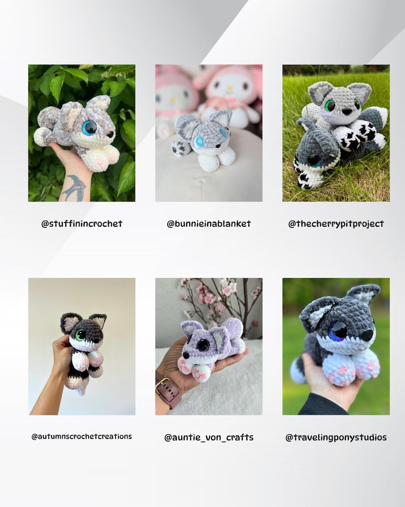 Puede incluir: Colecci&oacute;n de seis peluches de perro husky de ganchillo en varias poses. Cada peluche presenta una combinaci&oacute;n de colores gris y blanco con ojos azules o verdes y almohadillas rosas. Los peluches se muestran sobre diferentes fondos.