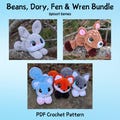 Beans the Bunny, Dory the Deer, Fen the Fox, Wren the Wolf Crochet 3 pattern bundle, low sew, Sploot Series