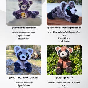 May include: Four crocheted animal figures are displayed. A purple bear, a gray raccoon, a gray and white raccoon, and a brown and white red panda. Each figure has black eyes and is made with different types of yarn. The figures are handmade.