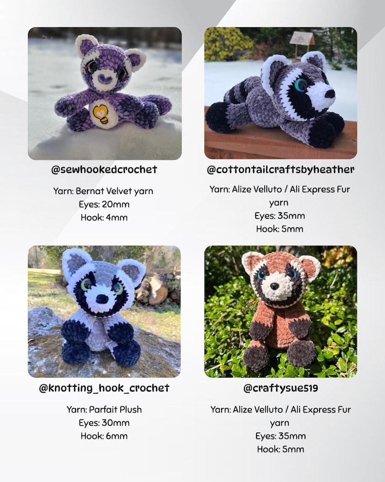 May include: Four crocheted animal figures are displayed. A purple bear, a gray raccoon, a gray and white raccoon, and a brown and white red panda. Each figure has black eyes and is made with different types of yarn. The figures are handmade.
