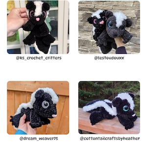 May include: A collection of crocheted skunk plushies. Each skunk is black and white with a pink nose and large eyes. The image includes the text "@ks_crochet_critters", "@lestoudoux", "@dream_weaver75", and "@cottontailcraftsbyheather".