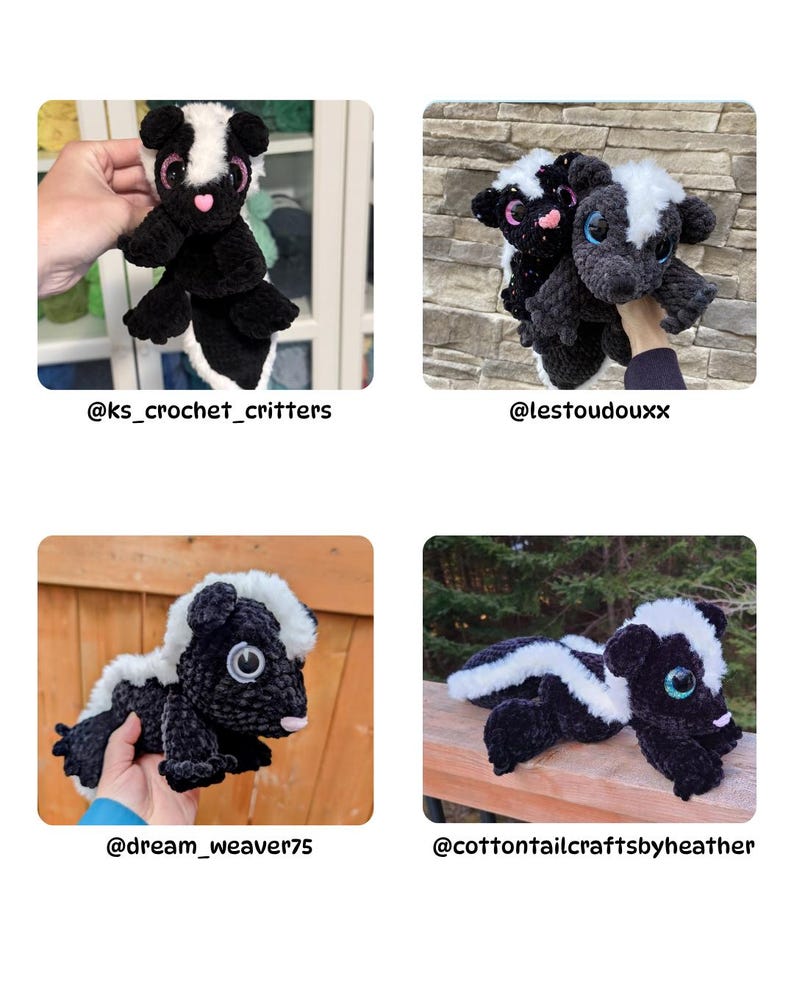 May include: A collection of crocheted skunk plushies. Each skunk is black and white with a pink nose and large eyes. The image includes the text "@ks_crochet_critters", "@lestoudoux", "@dream_weaver75", and "@cottontailcraftsbyheather".