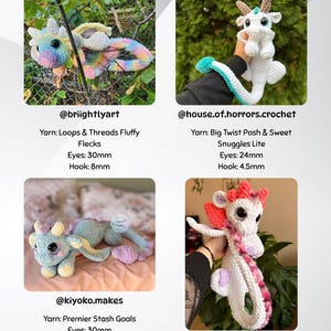 May include: A collection of four handmade crochet dragon plushies in various colors. One dragon is rainbow-colored, another is white with blue accents, a third is blue and purple, and the last is white with pink and red accents.