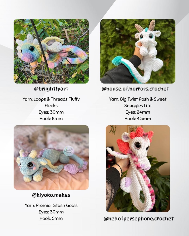 May include: A collection of four handmade crochet dragon plushies in various colors. One dragon is rainbow-colored, another is white with blue accents, a third is blue and purple, and the last is white with pink and red accents.