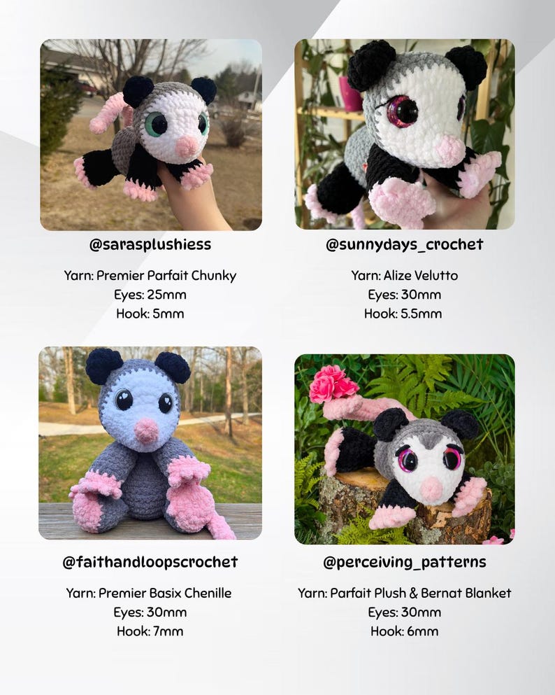 Pu&ograve; includere: Peluche di opossum all'uncinetto fatti a mano in varie pose. Ogni peluche presenta un corpo grigio, zampe e orecchie nere e dettagli rosa. Gli occhi sono grandi ed espressivi. L'immagine include il nome del creatore e i dettagli del filato.