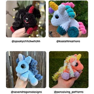 May include: Four crocheted plush toys: a black devil with red accents, a white unicorn with colorful mane and tail, a blue unicorn, and a pink and orange unicorn. Each toy has large eyes and is held in a hand. The image includes the creators' usernames.
