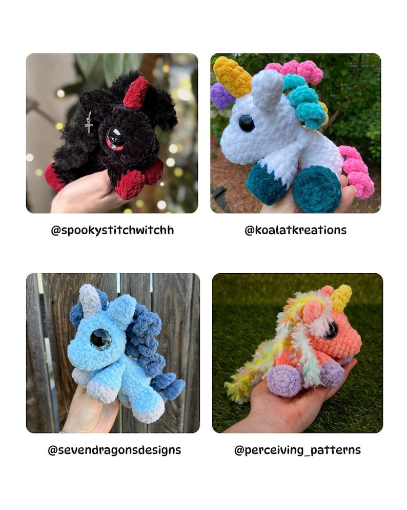 May include: Four crocheted plush toys: a black devil with red accents, a white unicorn with colorful mane and tail, a blue unicorn, and a pink and orange unicorn. Each toy has large eyes and is held in a hand. The image includes the creators' usernames.