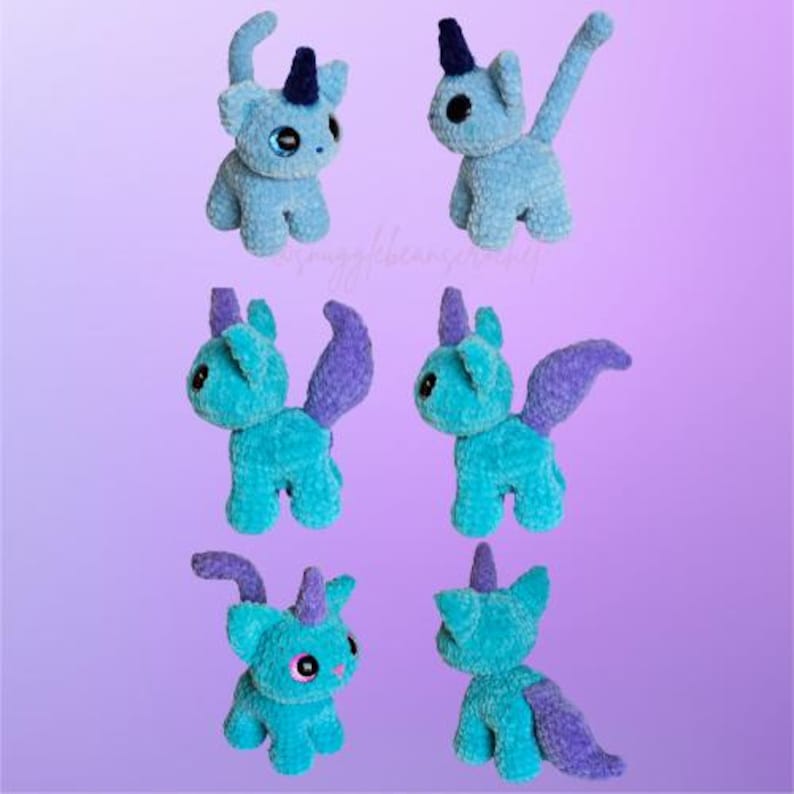 May include: Six crocheted plush toys in the shape of a unicorn with a blue and purple color scheme. The toys are shown from different angles.