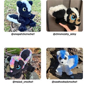 May include: Four handmade crochet skunk plush toys are shown. Each skunk is primarily black and white, with different tail and head patterns. The toys have large eyes and are displayed on natural backgrounds. Measurements are not available.