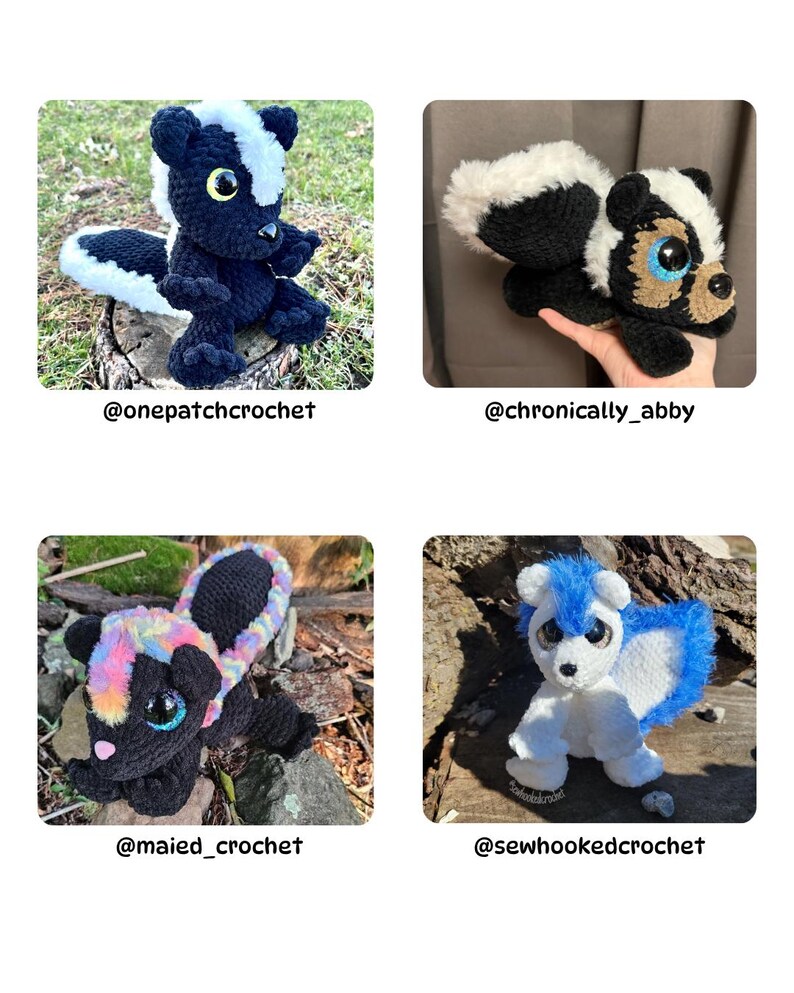 May include: Four handmade crochet skunk plush toys are shown. Each skunk is primarily black and white, with different tail and head patterns. The toys have large eyes and are displayed on natural backgrounds. Measurements are not available.