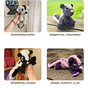 May include: Four crocheted skunk plush toys in different positions. The skunks are mainly black and white, with some featuring pink or purple details. Each toy has large, expressive eyes.