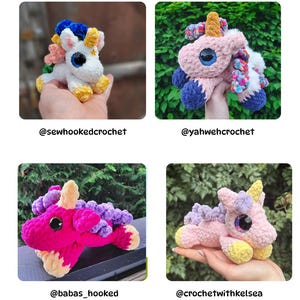May include: Four handmade crochet unicorn toys in various colors. One is white with blue, yellow, and pink accents. Another is pink with blue and rainbow accents. The third is hot pink with purple and yellow. The last is pink with yellow and purple.