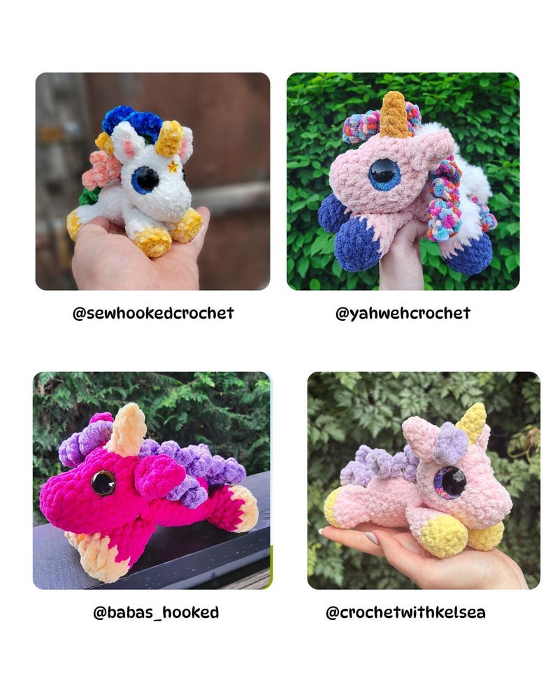 May include: Four handmade crochet unicorn toys in various colors. One is white with blue, yellow, and pink accents. Another is pink with blue and rainbow accents. The third is hot pink with purple and yellow. The last is pink with yellow and purple.
